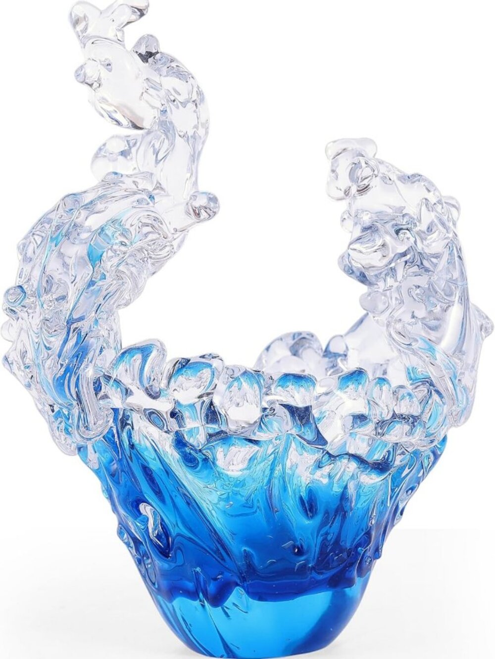 Hand Blown Glass Wave Sculpture - Blue & Clear Art Bowl for Home Decor, Nautical
